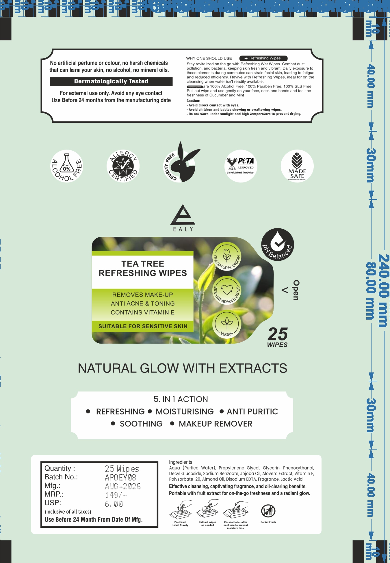 Tea Tree Refreshing Wipes pack, front